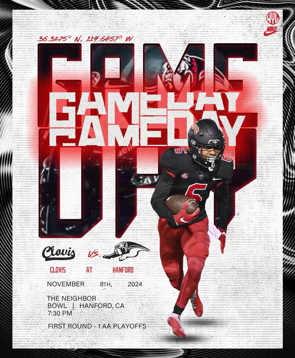 FootballHanford's tweet photo. 𝗜𝘁’𝘀 𝗚 𝗔 𝗠 𝗘  𝗗 𝗔 𝗬‼️

D1-AA Quarterfinals ⚫️⚫️🔴

🆚 Clovis High Cougars
📍 Hanford, CA
🏟️ Neighbor Bowl
⏰ 7:00pm
📺 Streaming @NFHSNetwork 

#DoYourJob🧰 | #PupSzn🐾 https://t.co/bptSi5h0xS