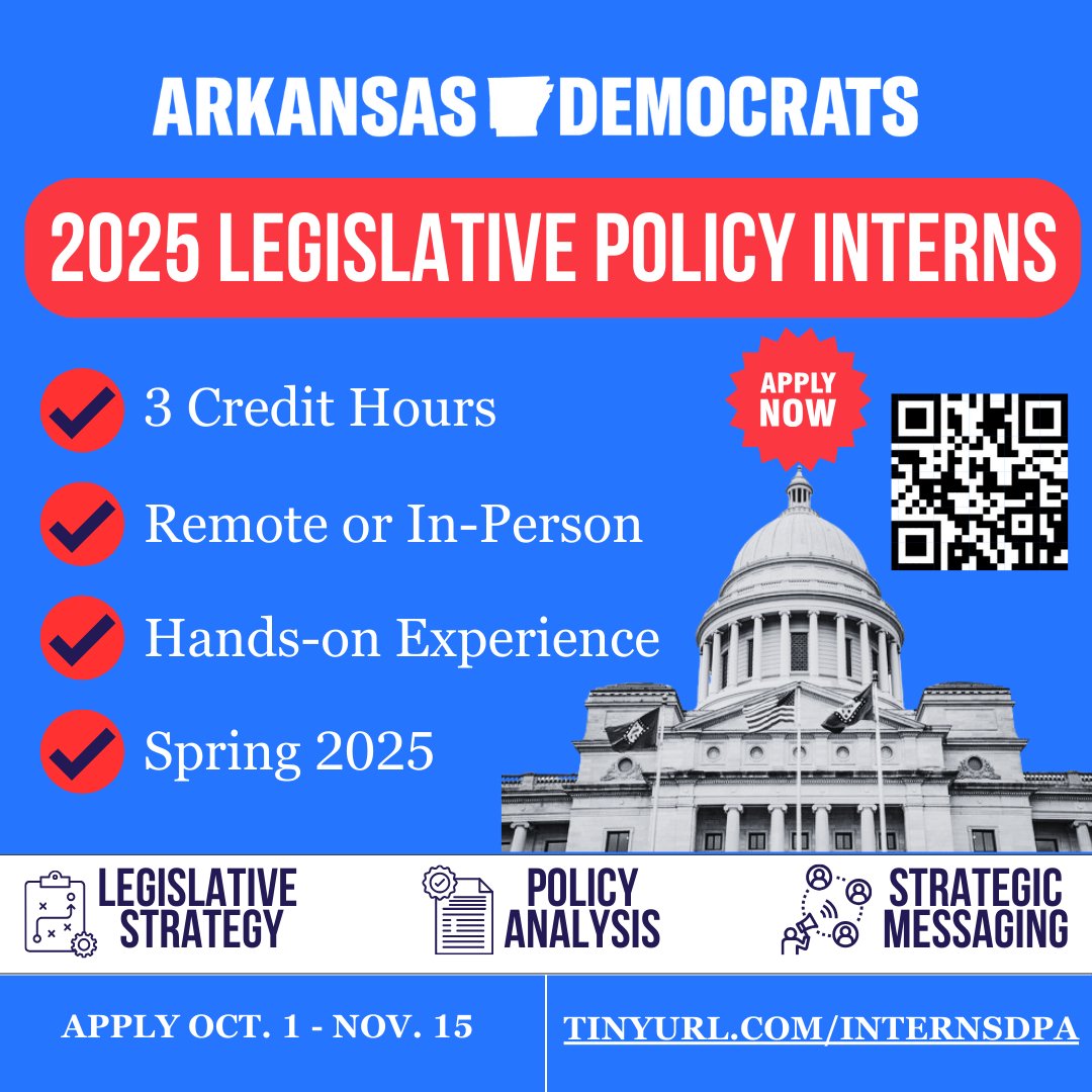 In two short months, the Arkansas State Legislature will reconvene to consider THOUSANDS of potential laws that will affect your life.  

Want to get involved AND earn college credit while doing it?

Apply for the DPA legislative policy internship! 🏛️ tinyurl.com/internsdpa
