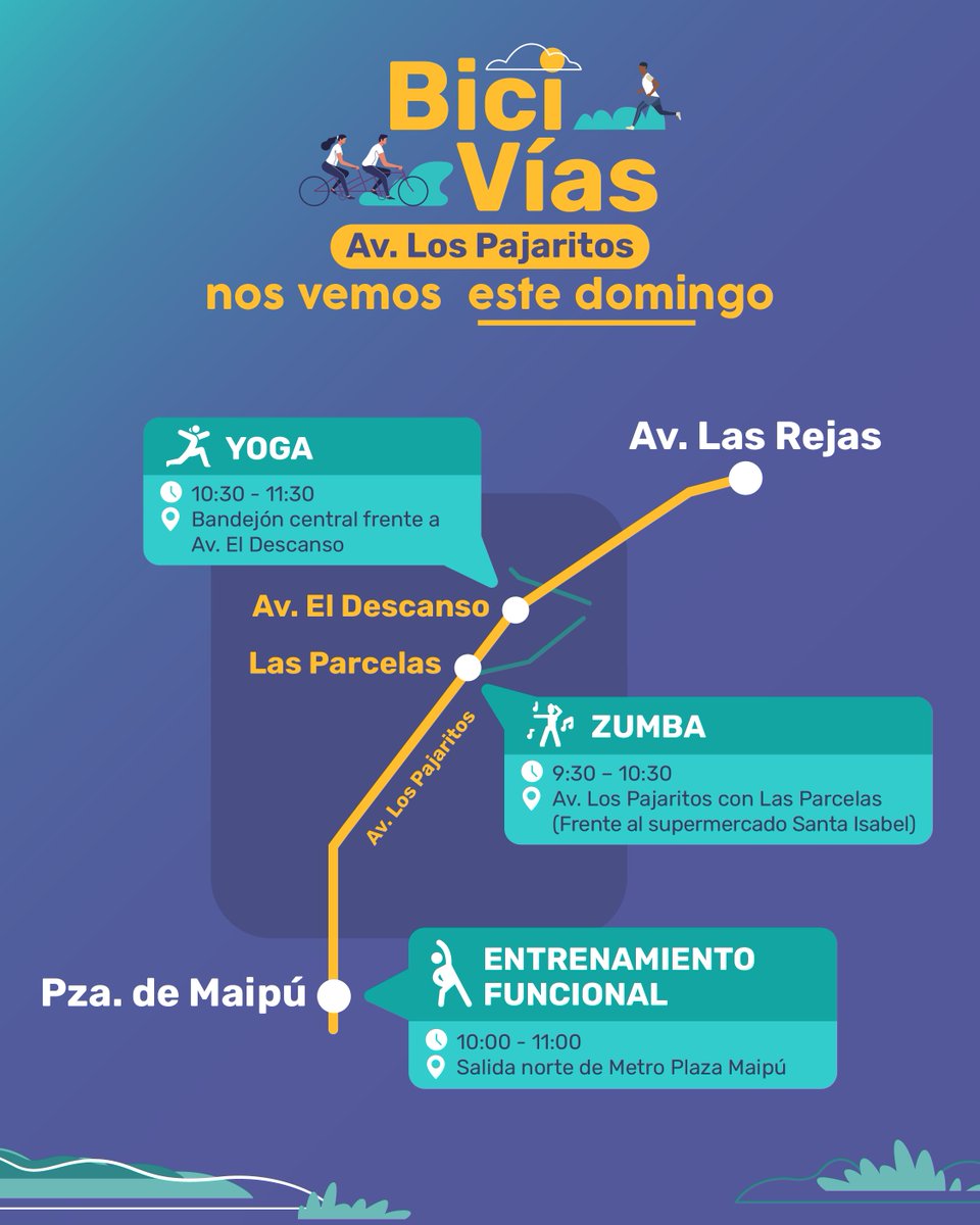 ¡Las súper #BiciVías vuelven con todo! 🧘🏻🤸‍♀️
Junto a <a href="/muniecentral/">#EstacionCentral</a> te invitamos a disfrutar de los 7.4 km de calles libres para el deporte en familia, recargados con clases de yoga, zumba y entrenamiento funcional ¡No te lo pierdas! 🏃