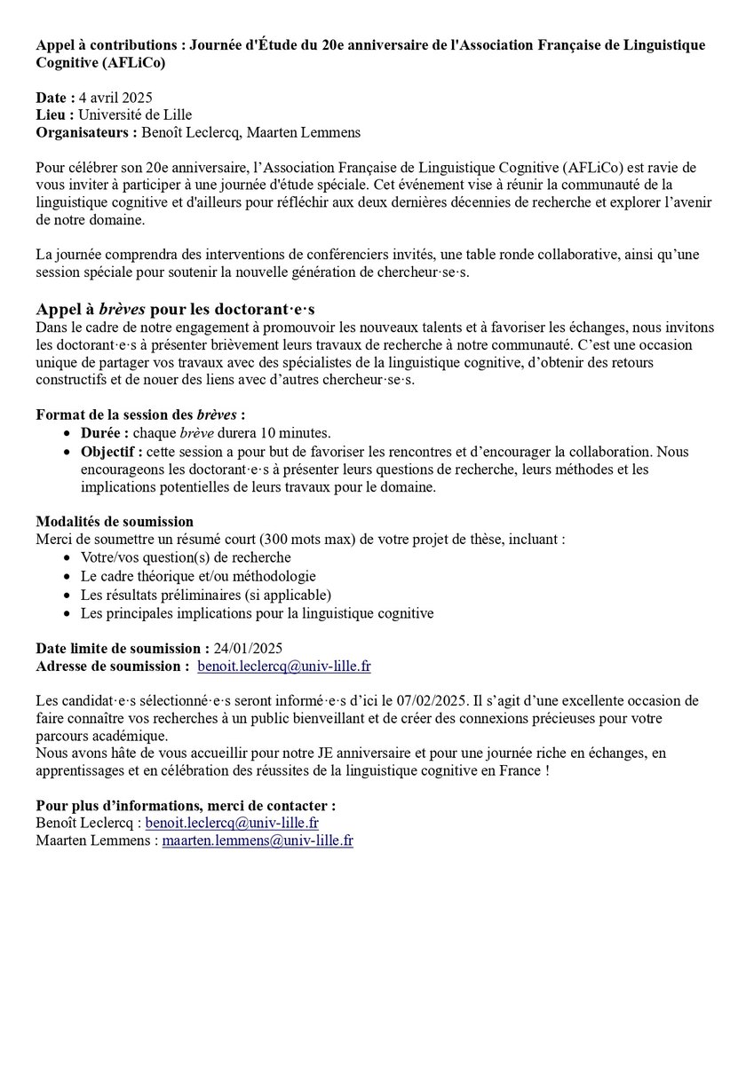 AFLiCo's tweet photo. 📢 Doctorants en linguistique? Profitez d’une chance unique de présenter brièvement votre recherche lors du 20e anniversaire de l’AFLiCo 🎉 Une communauté bienveillante vous attend pour échanger et vous offrir des retours constructifs. Faites résonner vos idées ! 🧠✨ https://t.co/S6l1NRtmj8