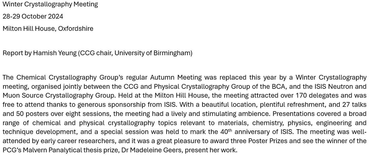 Chem Cryst (BCA) (@bcaccg) on Twitter photo We recently co-hosted, with <a href="/isisneutronmuon/">ISIS Neutron and Muon Source</a> and the <a href="/britcryst/">BCA</a> physical crystallography group, the UK Winter Crystallography meeting. Read about the hugely successful meeting from our Chair <a href="/HamishY_Sci/">Hamish Yeung</a> <a href="/UoBChemistry/">UoBChemistry</a> 👇 We recently co-hosted, with <a href="/isisneutronmuon/">ISIS Neutron and Muon Source</a> and the <a href="/britcryst/">BCA</a> physical crystallography group, the UK Winter Crystallography meeting. Read about the hugely successful meeting from our Chair <a href="/HamishY_Sci/">Hamish Yeung</a> <a href="/UoBChemistry/">UoBChemistry</a> 👇