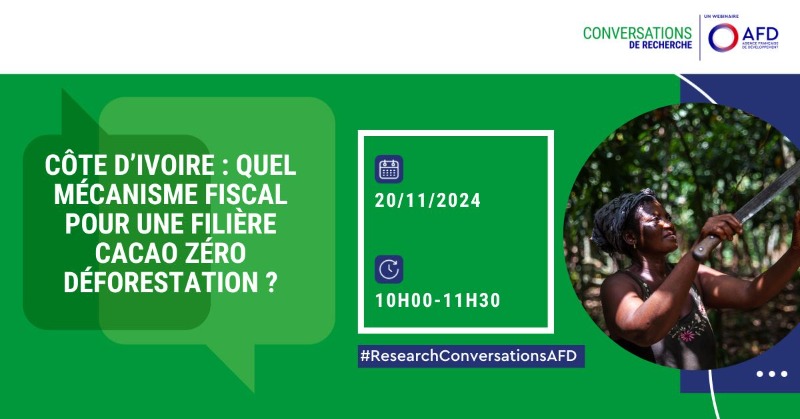 AFD_France's tweet photo. #ResearchConversationAFD | Journée mondiale de la #science pour la paix et le développement !
 
Venez découvrir notre étude menée avec le @Cirad &amp; @EquitableFrance sur les mécanismes fiscaux qui encouragent le cacao durable en 🇨🇮.

📅 RDV 20/11, 10h00 en💻
S'inscrire⤵
@FranceCIV
