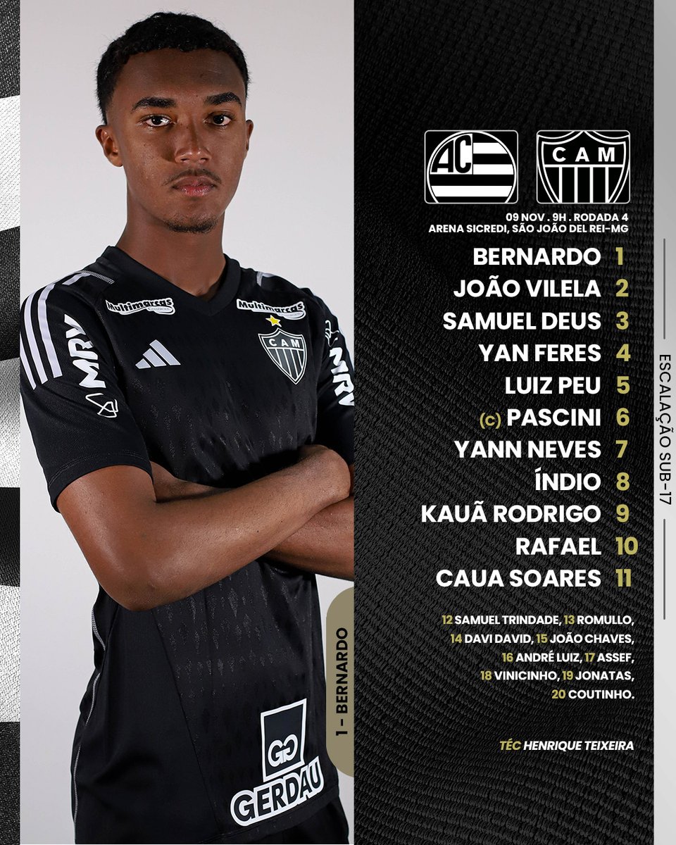 GaloNaBase's tweet photo. 💪🐔 O time sub-17 do Atlético encara o Athletic, às 11h, pela 4ª rodada do Octagonal Final do Campeonato Mineiro, na Arena Sicredi, em São João del Rei!

📋 Confira a escalação do #Galo!

🏴🏳 #CriasDoGalo #ATHxCAM #Sub15 https://t.co/NtZ1MyWr2E