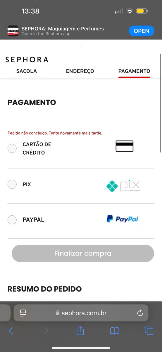A Sephora simplesmente não me deixa comprar