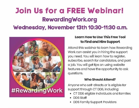 This week!

Join us for a webinar with <a href="/rewardingwork_/">Rewarding Work</a>  on   November 13th at 10:30 am!

Learn more about Rewarding Work’s platform that   helps connect families with direct support professionals.

You can join using the link below
l.facebook.com/l.php?u=https%…