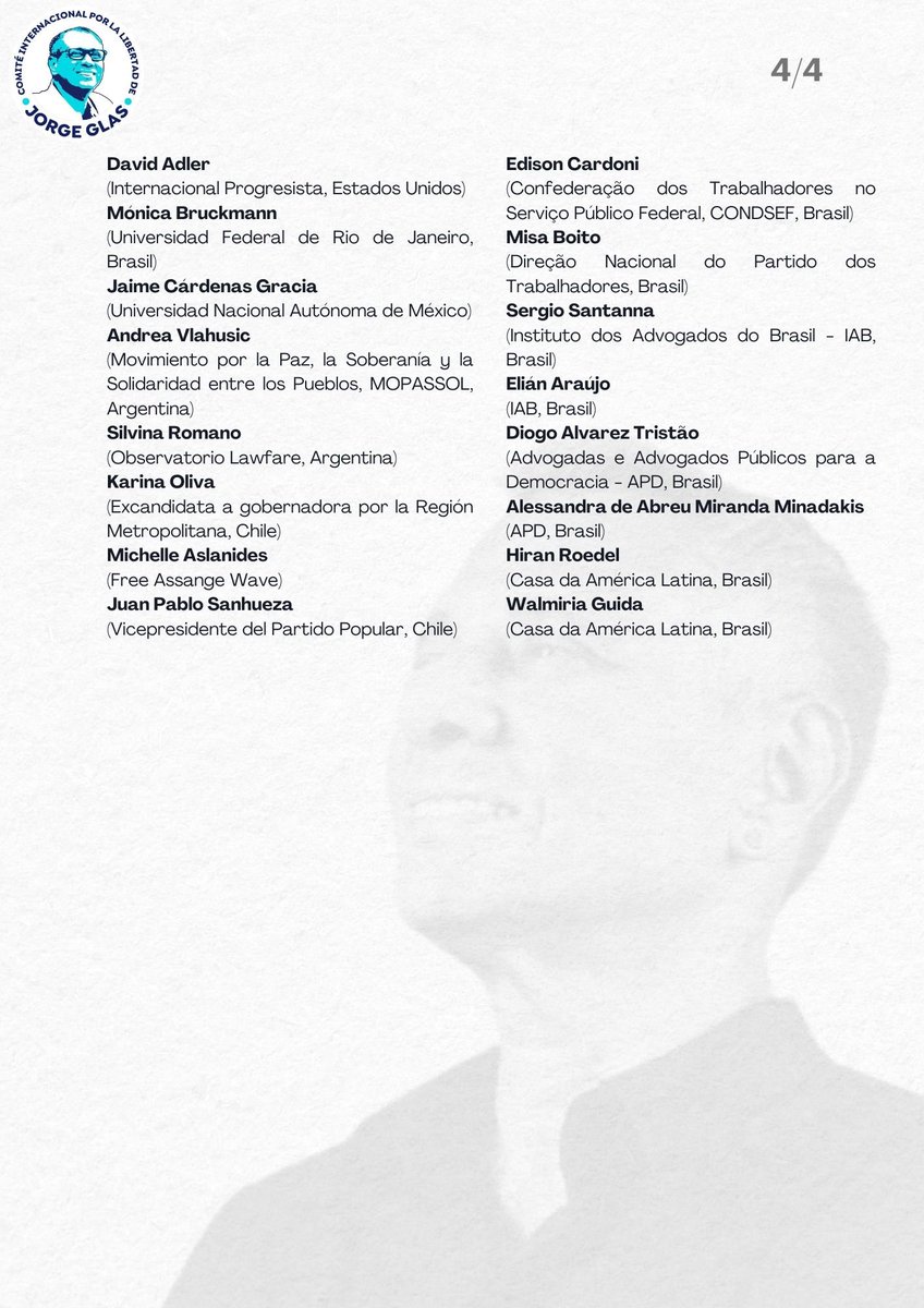 RECHAZO A LA REALIZACIÓN DE LA CUMBRE IBEROAMERICANA EN ECUADOR
El Comité Internacional por la Libertad de Jorge Glas hace un llamado a los Estados miembros del foro Iberoamericano para que, en caso de participar de la <a href="/CumbreIberoA/">Cumbre Iberoamericana</a> convocada en Cuenca, Ecuador, lo hagan si se