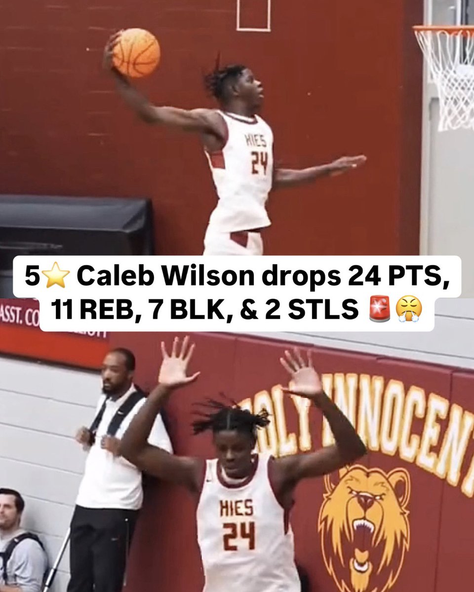 SLAM_HS's tweet photo. 5⭐️ Caleb Wilson WENT OFF in his senior season debut! 🚨👀 The #1 player in Georgia dropped:

🔥 24 PTS
🔥 11 REB
🔥 7 BLK
🔥 2 STL

@CalebWilson2025 (via hwknation/IG) https://t.co/srKCTHqM4e