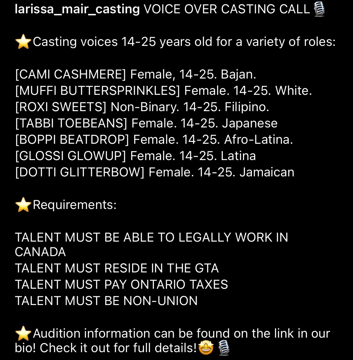 castingtwt_'s tweet photo. VOICE OVER CASTING CALL
* Casting voices 14-25 years old 
* Requirements:
TALENT MUST BE ABLE TO LEGALLY WORK IN CANADA
TALENT MUST RESIDE IN THE GTA TALENT MUST PAY ONTARIO TAXES TALENT MUST BE NON-UNION
*#casting #auditiontwt #voiceacting #castingtwt #audtwt #canada https://t.co/l3JK4DiJgT