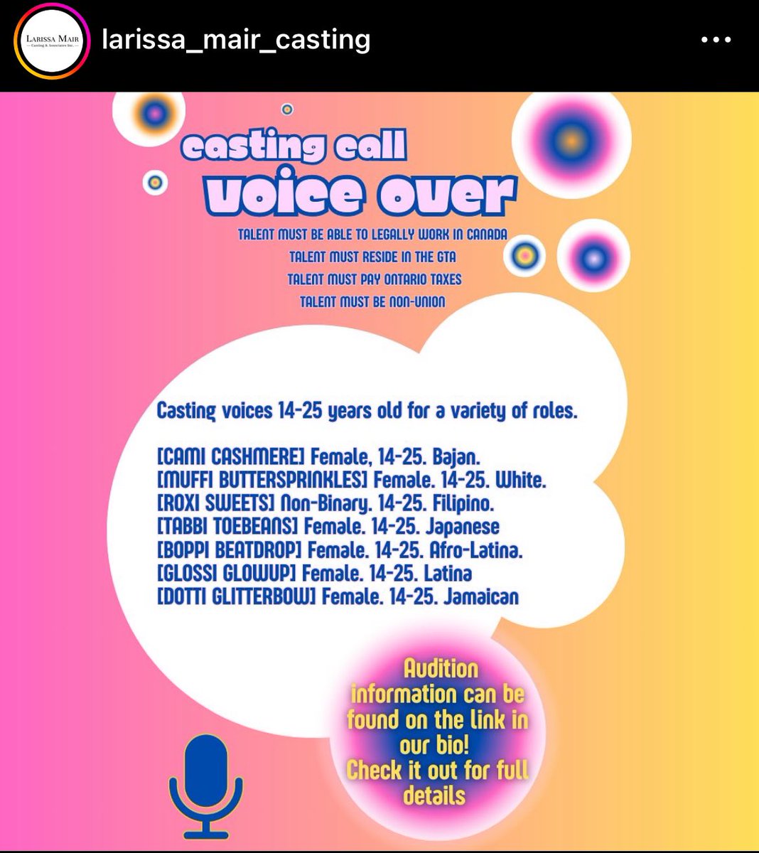 castingtwt_'s tweet photo. VOICE OVER CASTING CALL
* Casting voices 14-25 years old 
* Requirements:
TALENT MUST BE ABLE TO LEGALLY WORK IN CANADA
TALENT MUST RESIDE IN THE GTA TALENT MUST PAY ONTARIO TAXES TALENT MUST BE NON-UNION
*#casting #auditiontwt #voiceacting #castingtwt #audtwt #canada https://t.co/l3JK4DiJgT