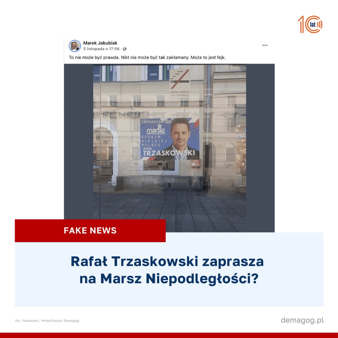 🇵🇱 <a href="/trzaskowski_/">Rafał Trzaskowski</a> zaprasza na #MarszNiepodległości?

❌ To fotomontaż.

✅ Jego prawdziwa wersja jest materiałem wyborczym Rafała Trzaskowskiego z kampanii przed wyborami prezydenckimi w 2020 roku. Oryginalny napis nie był zaproszeniem na Marsz Niepodległości, lecz hasłem