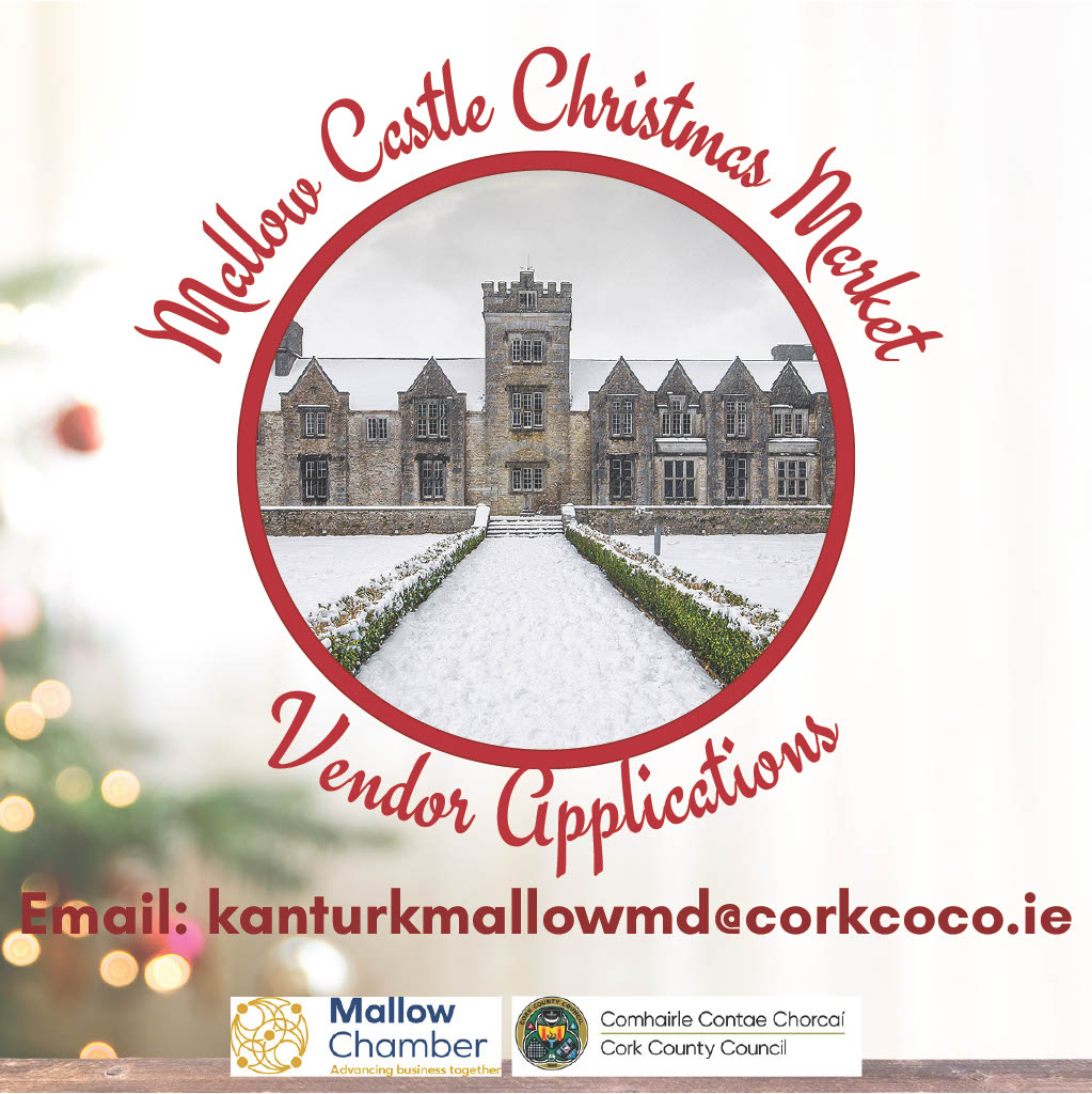 Cork County Council (@corkcoco) on Twitter photo 📣 CALL FOR TRADERS FOR MALLOW CASTLE CHRISTMAS MARKET
🎄 Mallow Castle Christmas Market will take place on the grounds of Mallow Castle on Sunday 24th November 2024 from 11:00am to 3:00pm.
Traders interested in availing of space at the market can download an application form 📣 CALL FOR TRADERS FOR MALLOW CASTLE CHRISTMAS MARKET
🎄 Mallow Castle Christmas Market will take place on the grounds of Mallow Castle on Sunday 24th November 2024 from 11:00am to 3:00pm.
Traders interested in availing of space at the market can download an application form