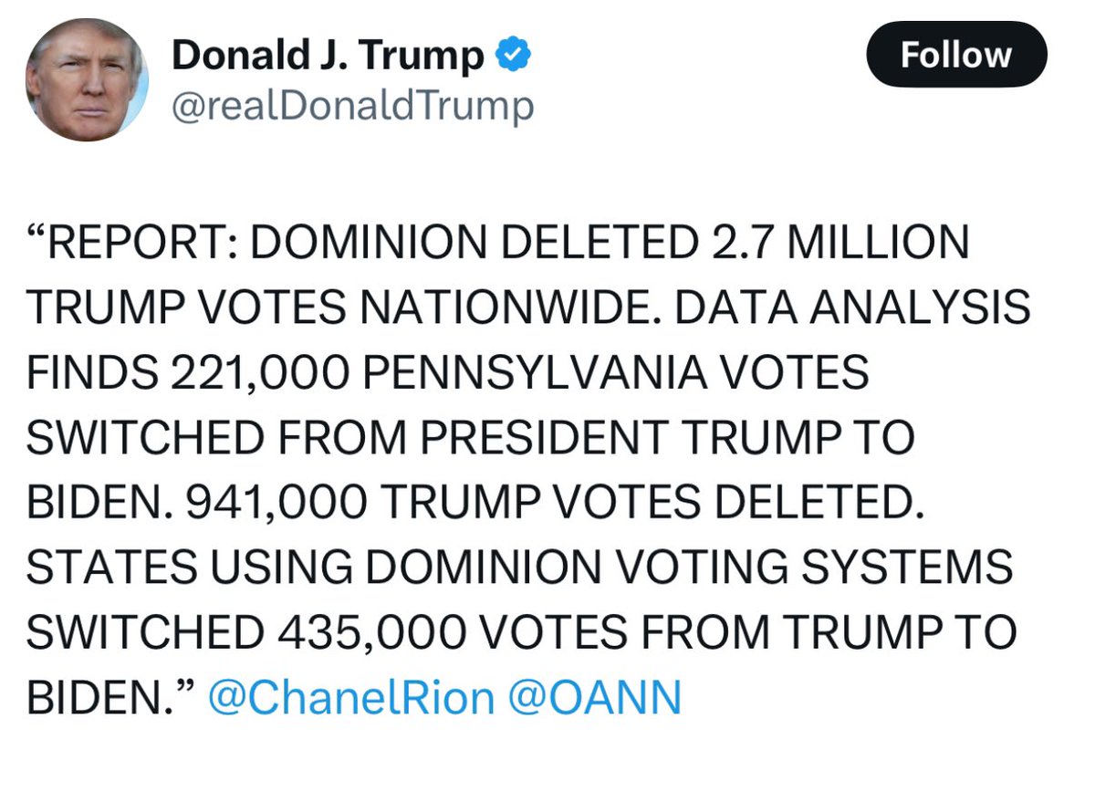 Real_RobN's tweet photo. And here it is, 

CIA ANALYST, MICHAEL SCHEUER. PHD,  

CONFIRMS BEYOND THE SHADOW OF A DOUBT,

VOTES MANIPULATED ELECTRONICALLY, 

“Trump’s numbers decreased by exactly the number that Biden increased.”

Meaning, 
the Central Intelligence Agency toppled the United States government on November 3, 2020 through Dominion Rigging Systems,

… DATA ANALYSIS FINDS 221,000 PENNSYLVANIA VOTES SWITCHED FROM PRESIDENT TRUMP TO BIDEN …