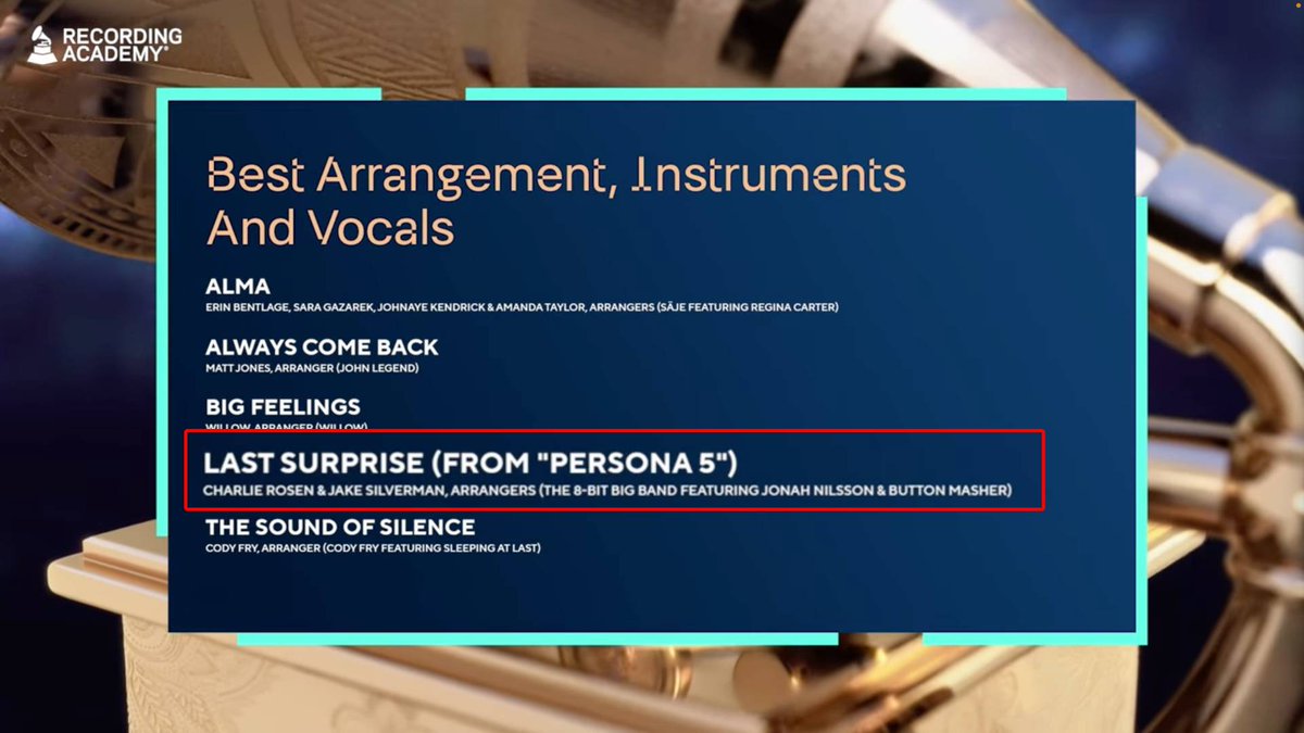The 8-Bit Big Band (@the8bitbigband) on Twitter photo WOW WE JUST GOT OUR 2nd GRAMMY NOMINATION!! So thrilled to be nominated along side my harmonic bro in crime <a href="/Button__Masher/">Button Masher</a> for our co-arrangement of "Last Surprise" from Persona 5 composed by the incredible <a href="/s_megarock/">目黒将司(Shoji Meguro)</a> aka Shoji Meguro!! LONG LIVE VIDEO GAME MUSIC!!! WOW WE JUST GOT OUR 2nd GRAMMY NOMINATION!! So thrilled to be nominated along side my harmonic bro in crime <a href="/Button__Masher/">Button Masher</a> for our co-arrangement of "Last Surprise" from Persona 5 composed by the incredible <a href="/s_megarock/">目黒将司(Shoji Meguro)</a> aka Shoji Meguro!! LONG LIVE VIDEO GAME MUSIC!!!