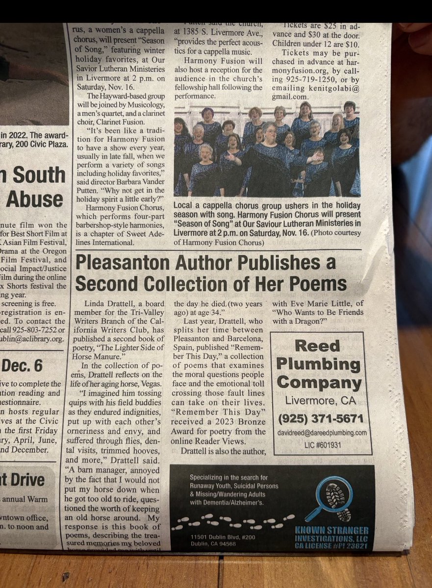 The Livermore CA newspaper, The Independent, published an article about my new poetry book, The Lighter Side of Horse Manure! ⁦<a href="/FLPress/">Finishing Line Press</a>⁩ ⁦<a href="/NHT_tweets/">Now Hear This</a>⁩ #writing #writingcommunity #horses #farmlife #poetry #poetrycommunity