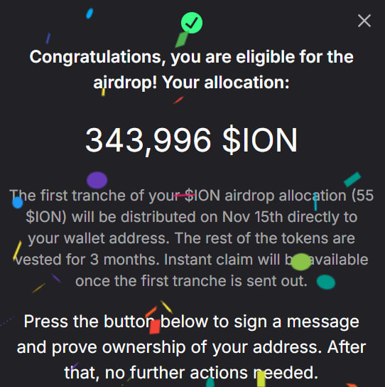 Fowlmouff_eth's tweet photo. ION airdrop ! Claim allocation 

The rest of the tokens are vested for 3 months. Instant claim will be available once the first tranche is sent out.

Airdrop Link - https://t.co/zv7t4kqyXg

$ION #IonProtocol #restaking https://t.co/hATDteBx0x