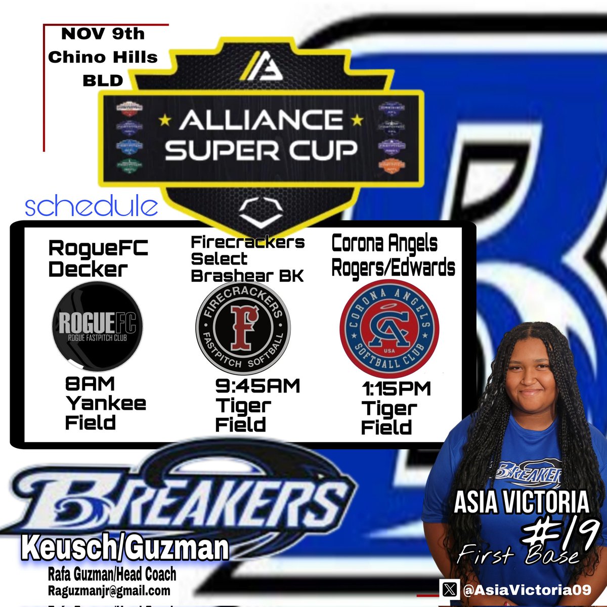 AsiaVictoria09's tweet photo. This weekend Nov 9th. Come out and see us!
@AGLSoftball @CoastRecruits @ExtraInningSB @LegacyLegendsS1 @thealliancefp @PCFLfastpitch @triplecrownspts @TopPreps  @d1proscouts @impactretweets @softballdown @ihartfastpitch @softballrecruit @upnextrecruits 
@maxpreps @fastpitchwatch https://t.co/pnIgkhr4Vs
