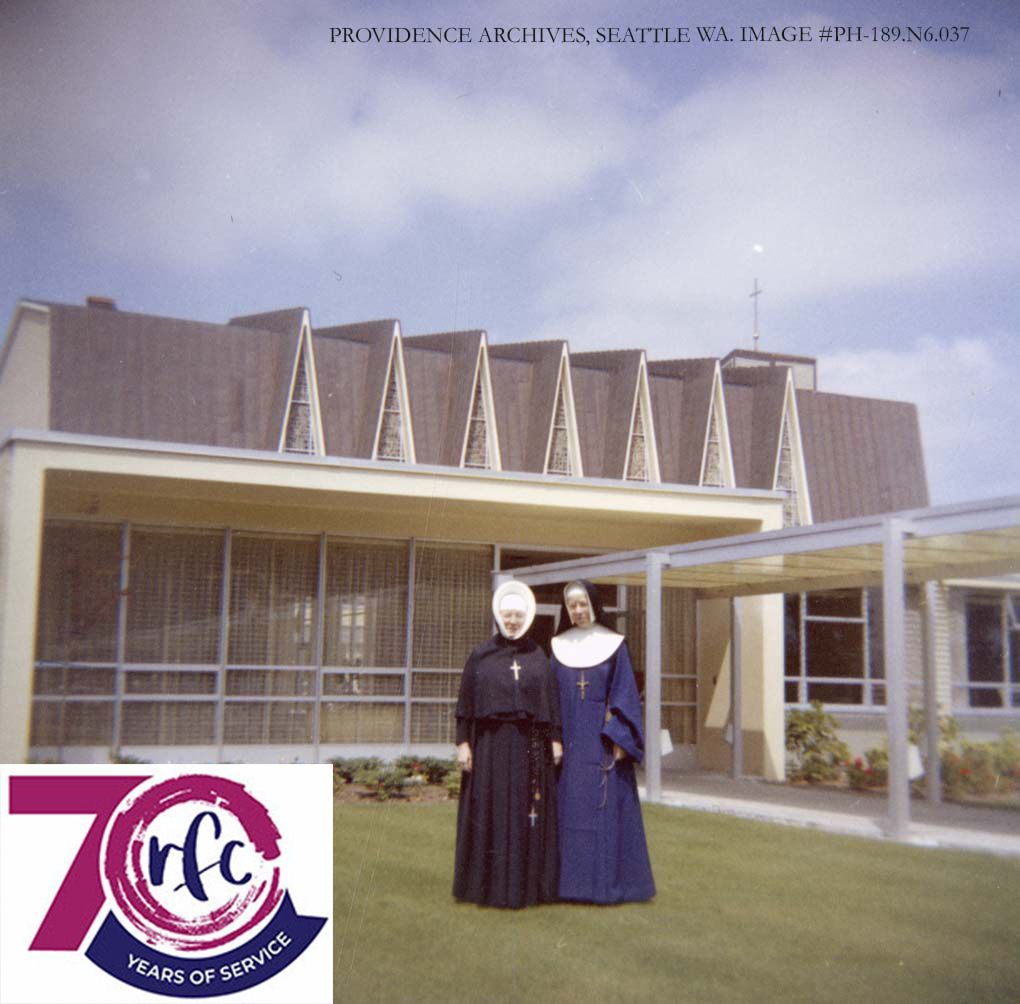 Sisters of Providence Provincial Superior Mother Mary Philothea (Genevieve) Gorman, SP, with Sister Mary Emil Penet, IHM, at Providence Heights in Issaquah, Washington, in 1963. #SisterFormationConference #FlashbackFriday #RFC70years