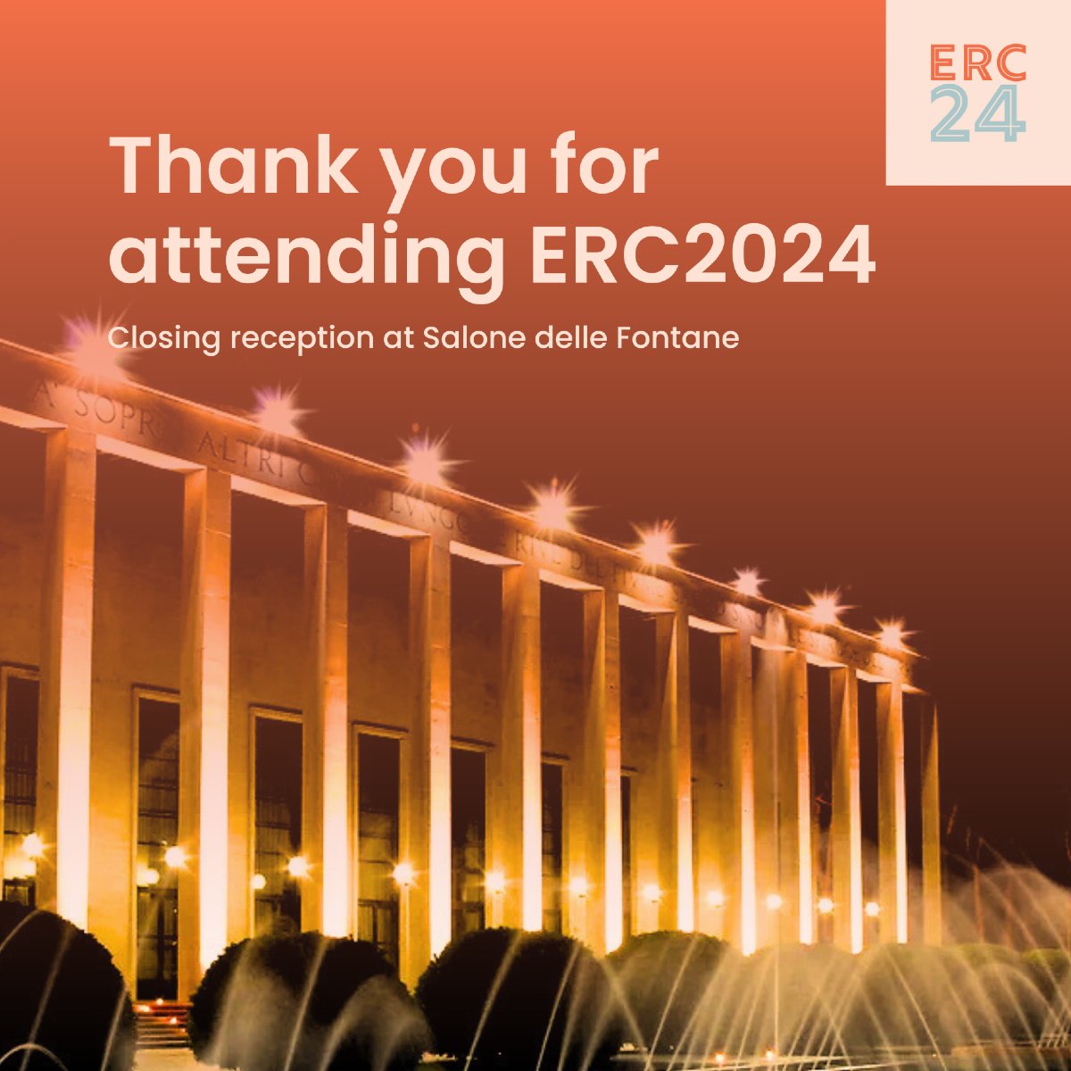 As we conclude an amazing conference, join us for the closing reception at the stunning Salone delle Fontane
🗓️ Nov 8 @ 7PM,Salone delle Fontane
Let’s celebrate the connections made, knowledge shared, &amp; memories created during #ERC2024. Thank you all for making it a success! 🥂✨