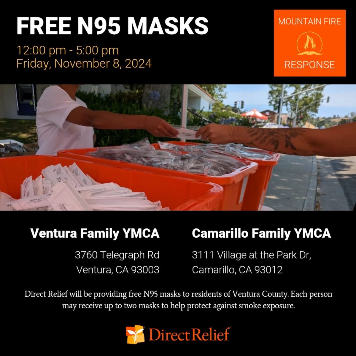 DirectRelief's tweet photo. 📢 Free N95 Masks for Ventura County Residents
In response to the #MountainFire, Direct Relief will be distributing free N95 masks to help protect against wildfire smoke.
🗓️ When: Friday, November 8, 2024
🕛 Time: 12:00 p.m. – 5:00 p.m.
📍 Pickup locations:
Ventura Family YMCA
Camarillo Family YMCA