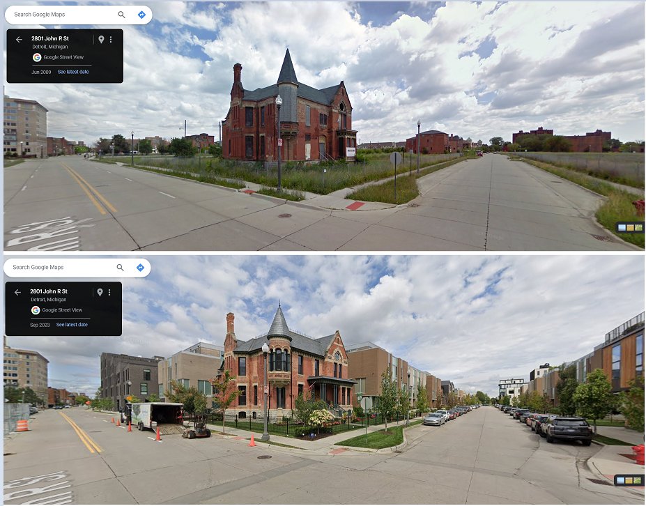 DE_Gifford's tweet photo. The glow-up I never thought would happen in my lifetime. Brush Park Detroit 2009 vs. 2023. https://t.co/maVqK7zrNv