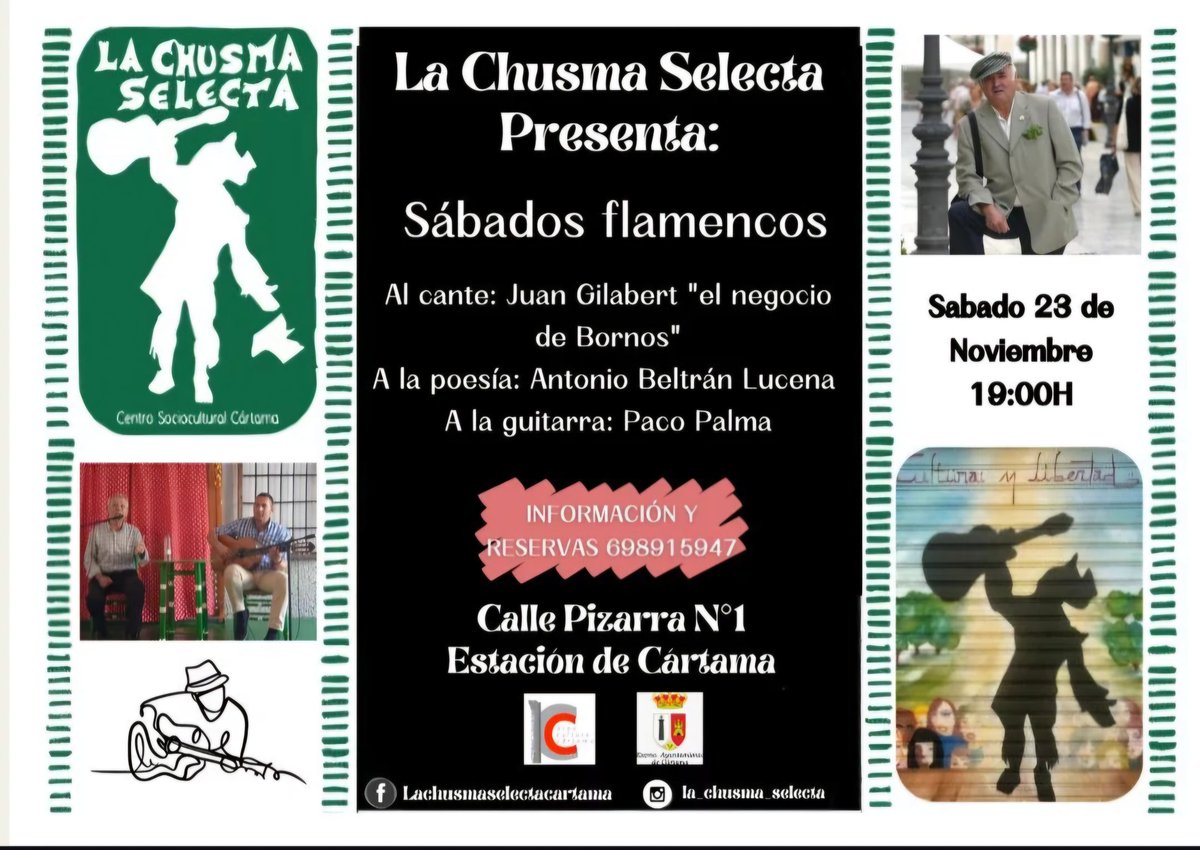 💥 Por fin os presentamos 💥
💃 ¡ ¡ Los Sàbados Flamencos ! ! 💃

💚🤍💚  Flamenco comprometido desde Cártama 💚🤍💚

Al cante Juan Gilabert, en la guitarra Paco Palma y Antonio Beltrán Lucena recitando.

¡ Reserva y no te lo pierdas !

🏪 Sábado 23 Noviembre a las 19:00