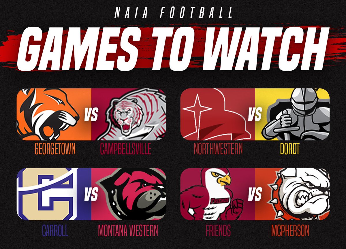 D1_Rejects's tweet photo. Who’s looking for good @NAIA 🏈🙋‍♂️

@Gtown_Football taking on @CvilleTigersFB in a big cat matchup 👀

@nwc_fb travels to @DordtFB in @GPACSports action 🗡️

@FootballCarroll &amp; @UMWFootball face off for the @FConference 🏔️

@FalconsFU &amp; @MACBulldogsFB battle in @kcacsports 🐶🦅 https://t.co/1ihSXYMFcy