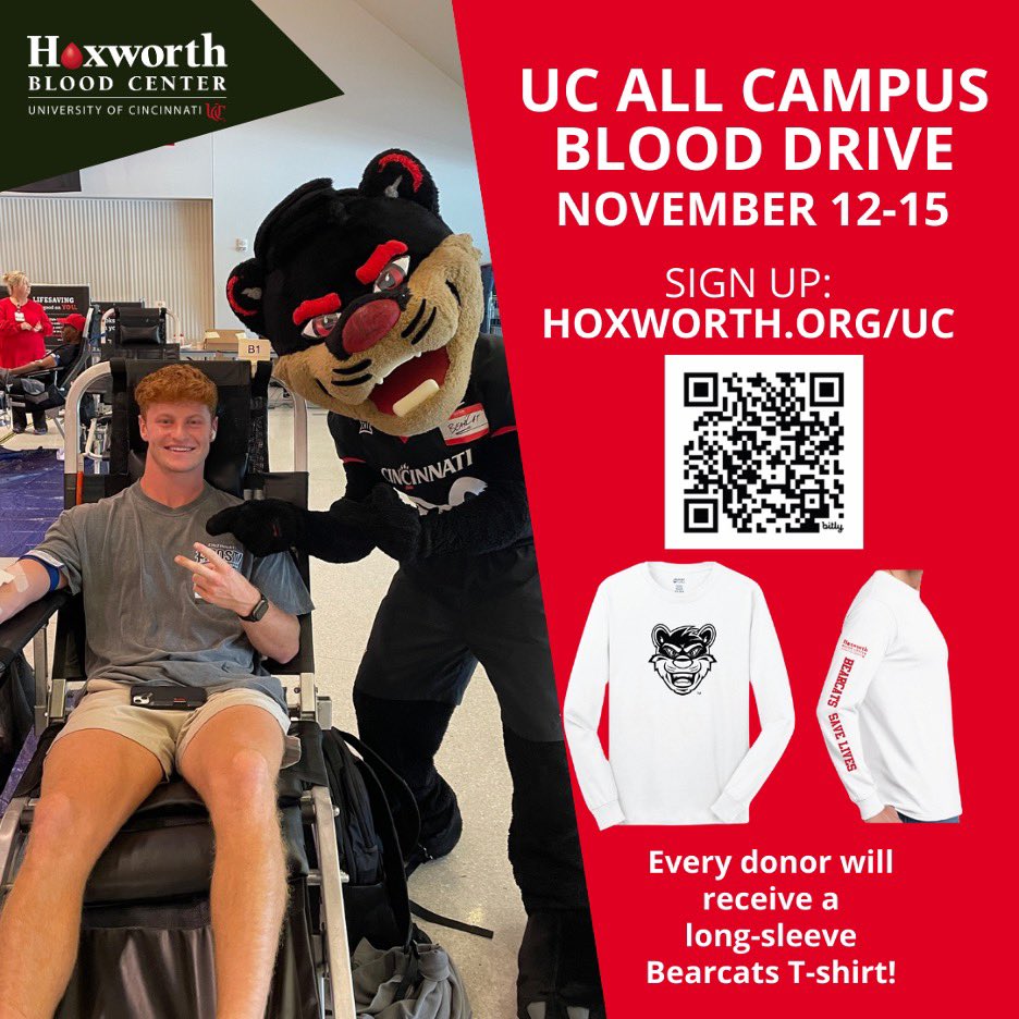 PAID AD: Calling all Bearcats! We'll be at the main campus and other campuses from Tuesday, Nov. 12, until Friday, Nov. 15. Sign up and grab your exclusive, long-sleeve Bearcats T-shirt! Click this link for details: hoxworth.org/uc.html (hoxworth.org/uc.html)
#UCBearcats