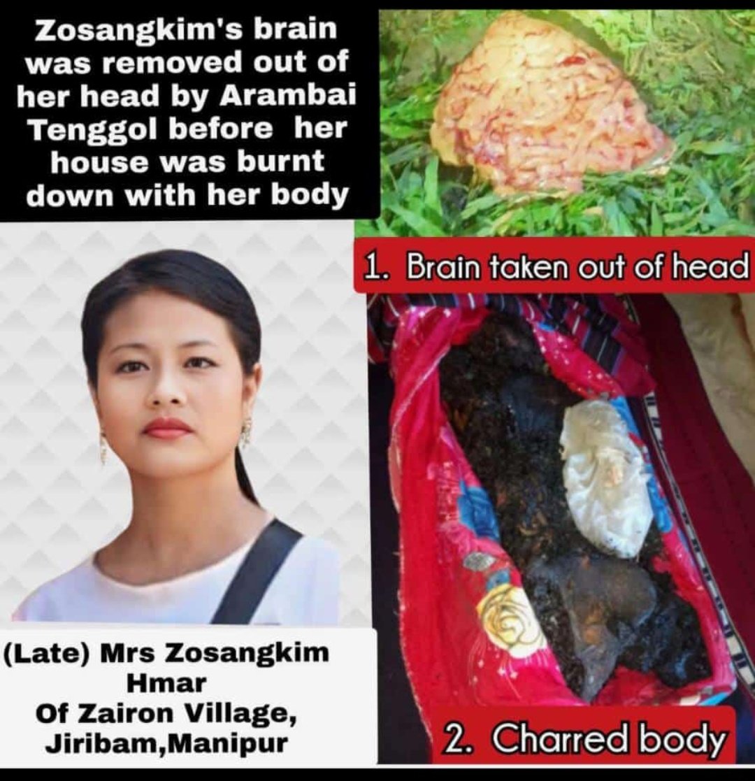 EimiSoul's tweet photo. Brain removal is NOT CULTURE, it's CRUELTY, extreme depravity, ABHORRENT BLASPHEMY against humanity. Every right thinking mind must condemn the BRUTALITY of the #Meiteis! Shot in the leg,brain taken out,body mutilated and then burnt to dead. 
#SeparateAdministrationOnlySolution https://t.co/viYG7ZAzlZ