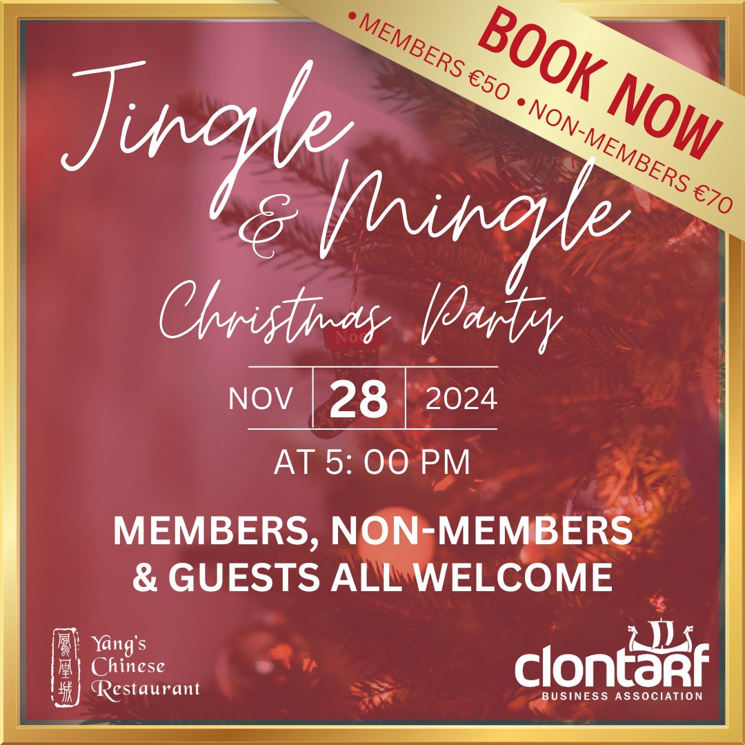 Join us at the Clontarf Business Assoc, Jingle &amp; Mingle Christmas Party! 
📅 When: 28th Nov 📍Where: Yangs Chinese Restaurant 🎟️Tickets: €50-Members / €70-Non-Members
Includes a full 3-course meal with wine, exciting prizes, and a night filled with fun! bit.ly/CBA-jingle-min…