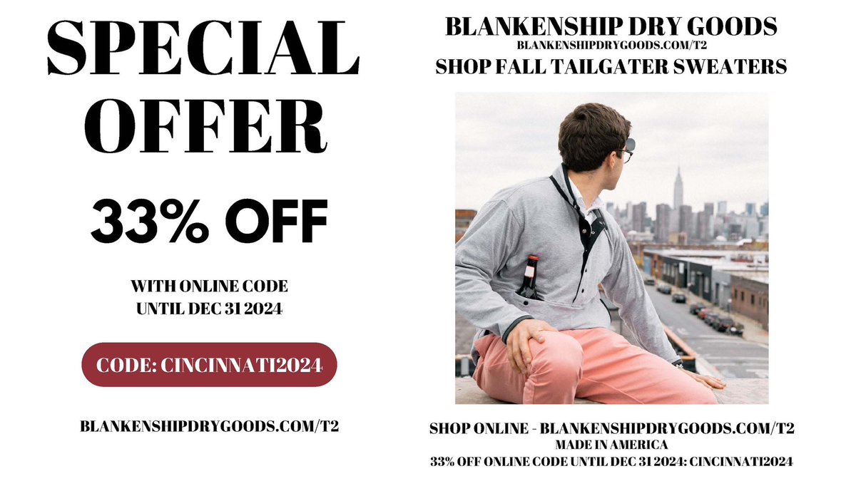 PAID AD: 33% off for Cincinnati in 2024 - Blankenship Dry Goods Made in USA Tailgater Sweaters - Online Code: CINCINNATI2024 - now until Dec 31 2024! blankenshipdrygoods.com/t2 (blankenshipdrygoods.com/t2)
 
The Tailgater is a Made in USA Pullover Fleece with 6 snap
s, canvas koozie