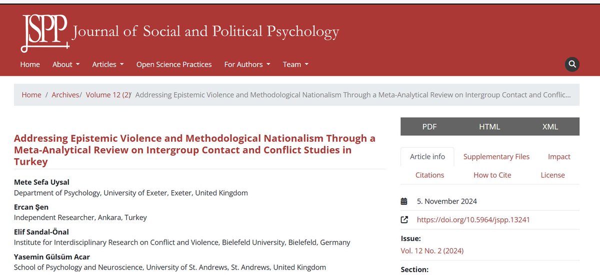 New in JSPP by Uysal @metesefauysal, Şen <a href="/ercan_shen/">Ercan Şen</a>, Sandal-Önal @ElifthePolPsy, &amp; Acar @yasemin_gulsum: "Addressing Epistemic Violence and Methodological Nationalism Through a Meta-Analytical Review on Intergroup Contact &amp; Conflict Studies in Turkey" OA: jspp.psychopen.eu/index.php/jspp…