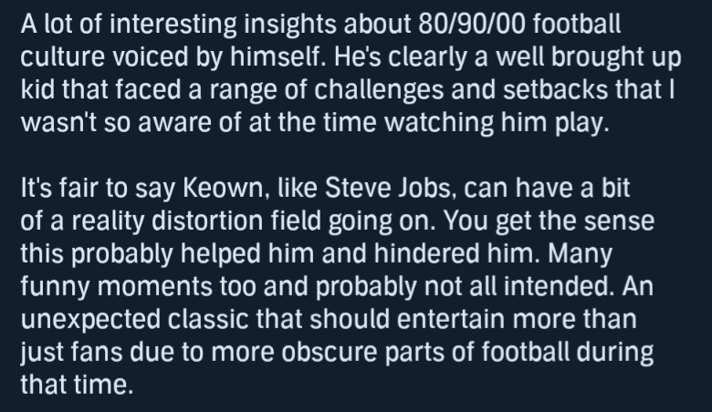 Okay so the <a href="/martinkeown5/">Martin Keown</a> biography was really good! 
⭐ ⭐ ⭐ ⭐ 🌟