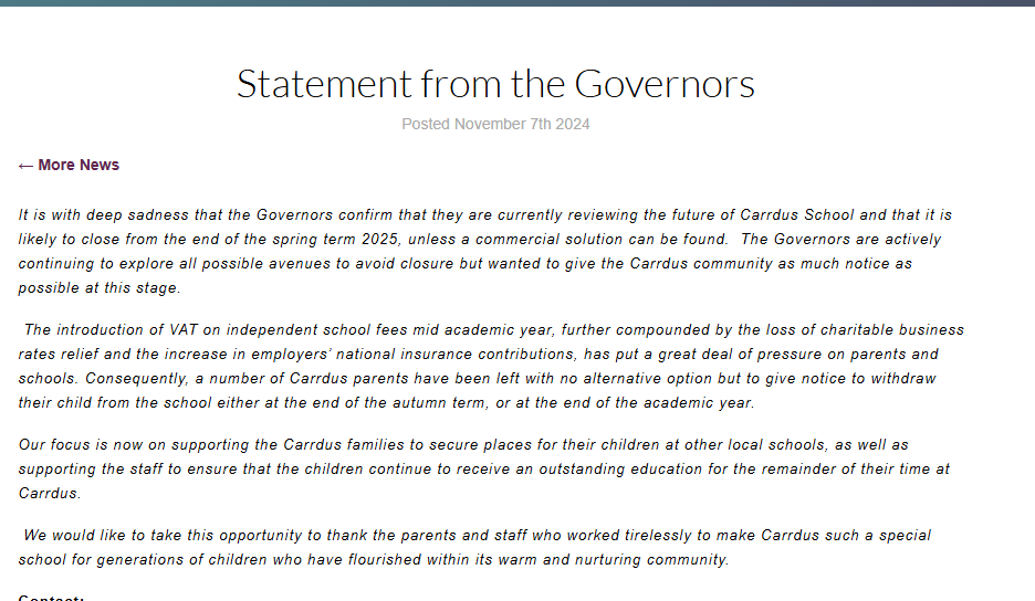 EducationNotTax's tweet photo. Carrdus School, a small independent school near Banbury for children aged 2-11, has notified parents it will be closing mid-year. We hope @educationgovuk  and the LA will work closely to help secure suitable placements for each student and minimise disruption to their education. #EducationNotTax @LauraTrottMP @NeilDotObrien @bphillipsonMP
