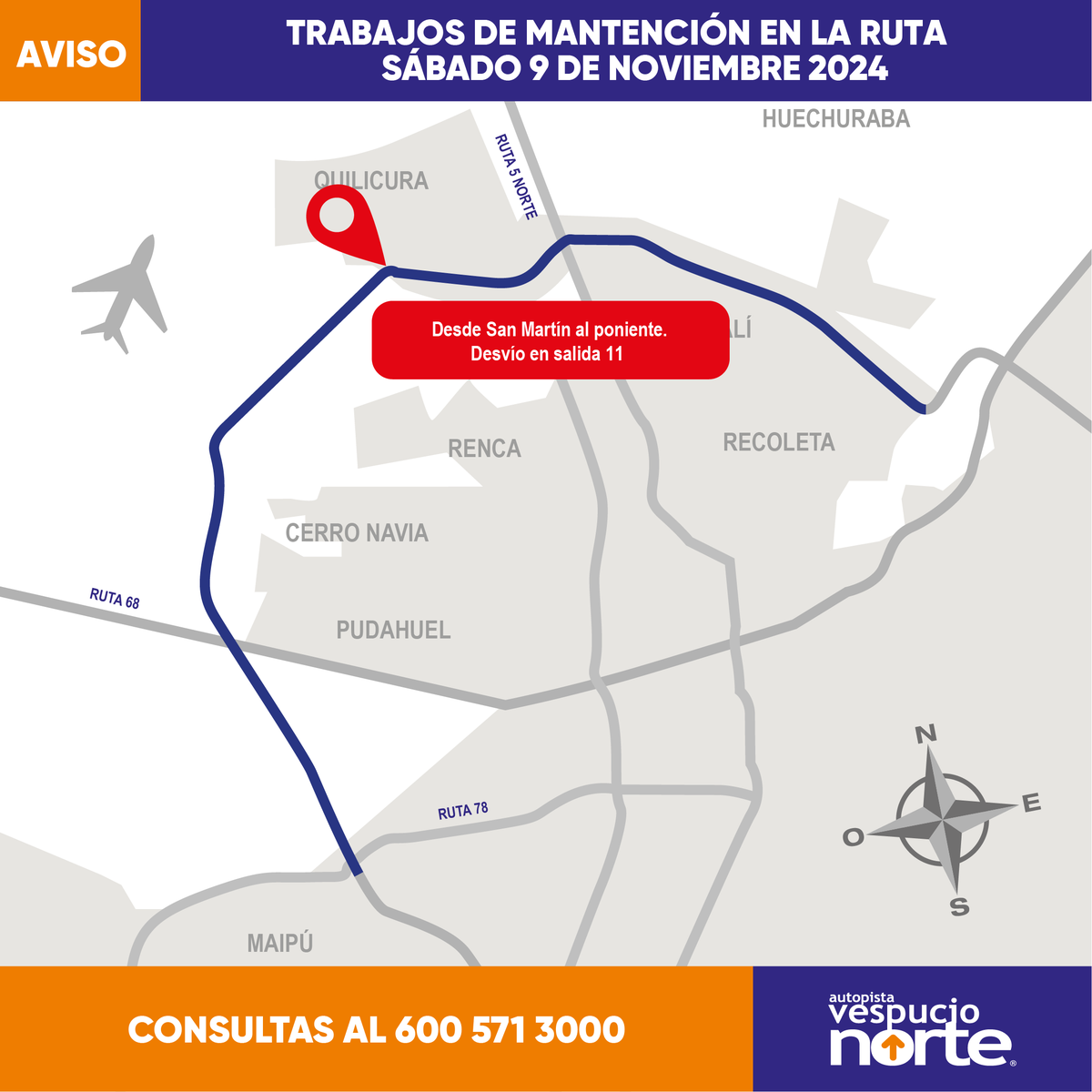 Vespucio_Norte's tweet photo. #ATENCIÓN
🚧 Hasta las 08:00 hrs. 
TRABAJOS DE MANTENCIÓN al Poniente, desde #SanMartín desvío en Salida 11.
Atención a la señalización en el lugar.
@TTISantiago @radiocarab @biobio @mop_chile https://t.co/IT40jAXOkC
