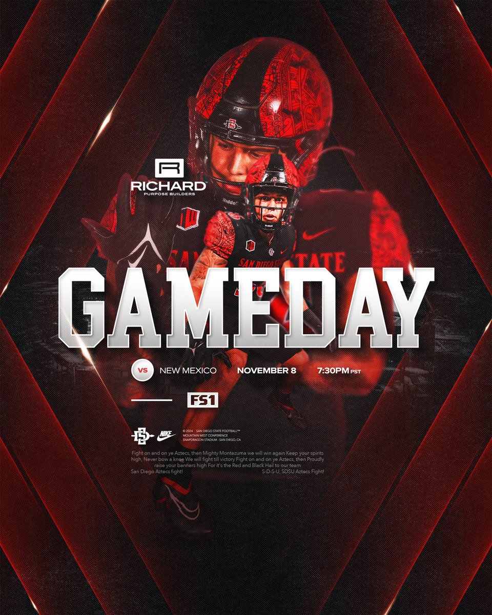 San Diego State Football (@aztecfb) on Twitter photo 𝙂𝘼𝙈𝙀𝘿𝘼𝙔 ‼️
presented by Richard Group
🏈 New Mexico
⏰ 7:30pm PT
🏟️ <a href="/SnapdragonStdm/">Snapdragon Stadium</a>
📺 <a href="/FS1/">FS1</a>
📻 <a href="/Sports760/">San Diego Sports 760</a>
🎟️ goaztecs.com/FBvsNewMexico 𝙂𝘼𝙈𝙀𝘿𝘼𝙔 ‼️
presented by Richard Group
🏈 New Mexico
⏰ 7:30pm PT
🏟️ <a href="/SnapdragonStdm/">Snapdragon Stadium</a>
📺 <a href="/FS1/">FS1</a>
📻 <a href="/Sports760/">San Diego Sports 760</a>
🎟️ goaztecs.com/FBvsNewMexico
