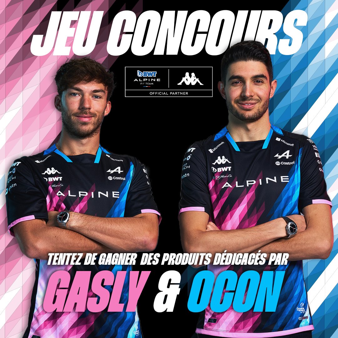 Tentez de gagner 2 casquettes et 1 maillot <a href="/AlpineF1Team/">BWT Alpine Formula One Team</a> dédicacés par @pierregasly et @oconesteban ! 🏎  

Pour participer :
👉🏼 Like + RT + Follow <a href="/KappaFrance/">Kappa 🇫🇷</a> 🇫🇷
👉🏼 Tag ton meilleur coéquipier en commentaire ;)

Tirage au sort des 3 gagnants mercredi !

#alpine #f1