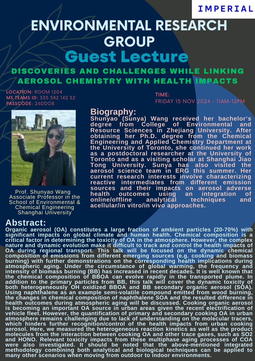 Environmental Research Group (@ergimperial) on Twitter photo Discoveries and challenges while linking aerosol chemistry with health impacts
Please come along for the next Journal Club Friday 15th November from 11am-12pm with the guest lecture
by Professor Shunyao Wang <a href="/ERGImperial/">Environmental Research Group</a> <a href="/HPRU_EEH/">HPRU in Environmental Exposures and Health</a> <a href="/HPRU_CRTH/">HPRU in Chemical and Radiation Threats and Hazards</a> Discoveries and challenges while linking aerosol chemistry with health impacts
Please come along for the next Journal Club Friday 15th November from 11am-12pm with the guest lecture
by Professor Shunyao Wang <a href="/ERGImperial/">Environmental Research Group</a> <a href="/HPRU_EEH/">HPRU in Environmental Exposures and Health</a> <a href="/HPRU_CRTH/">HPRU in Chemical and Radiation Threats and Hazards</a>