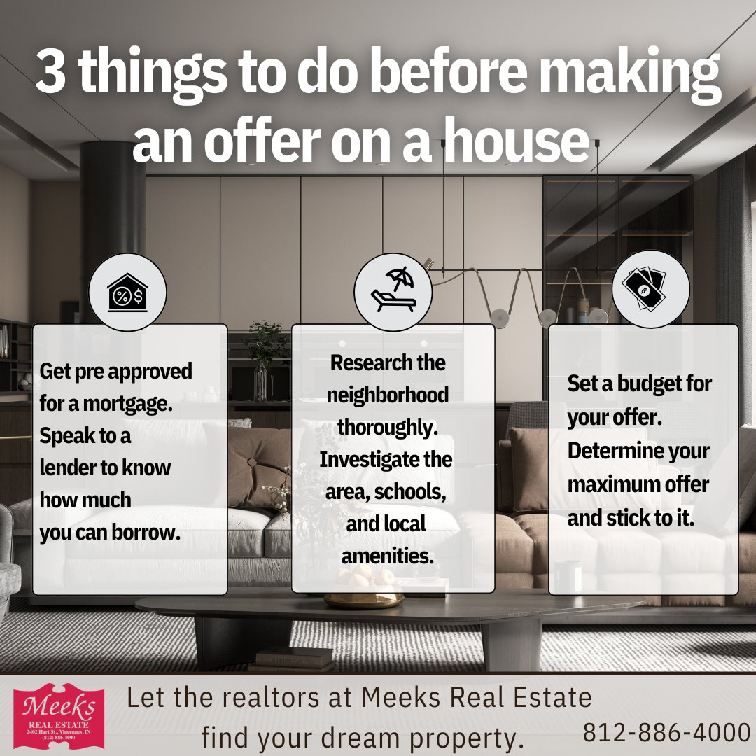 MeeksRealEstate's tweet photo. 🔑 Ready to make an offer? 🏡 Before you jump in, a few key steps can help you land your dream home and save time, money, and stress. Trust us—you’ll thank yourself later! Call (812) 886-4000 or visit https://t.co/HPd4ldYri9! https://t.co/ThkTy72fdv