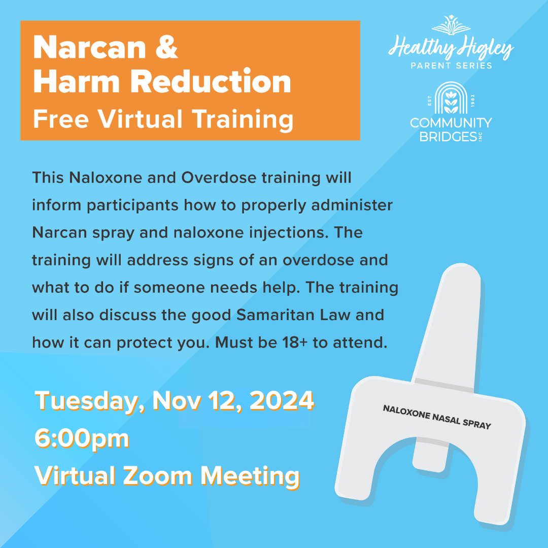 Join us for our "Narcan &amp; Harm Reduction" free virtual training in partnership with Community Bridges Inc. on Tuesday, November 12, 2024. Must be 18+ to attend. No registration necessary.

Virtual training link: bit.ly/3Ch5Cl9