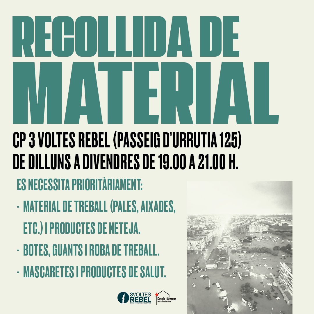 Des d'avui, el Casal obrirà de dilluns a divendres de 19.00 a 21.00 h per recollir material pel País Valencià!

A més, si voleu col·laborar amb les compres per Bizum o entregar fora d'aquest horari, contacta amb nosaltres per privat! #NouBarris