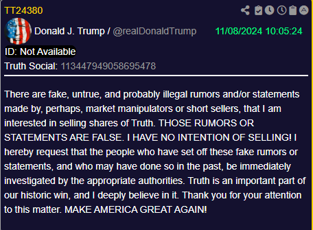 DcLidstone's tweet photo. Trump on Truth Social.

There are fake, untrue, and probably illegal rumors and/or statements made by, perhaps, market manipulators or short sellers, that I am interested in selling shares of Truth. THOSE RUMORS OR STATEMENTS ARE FALSE. I HAVE NO INTENTION OF SELLING!

10:05est.

NO DEALS.

BOOOOOOOOOM!