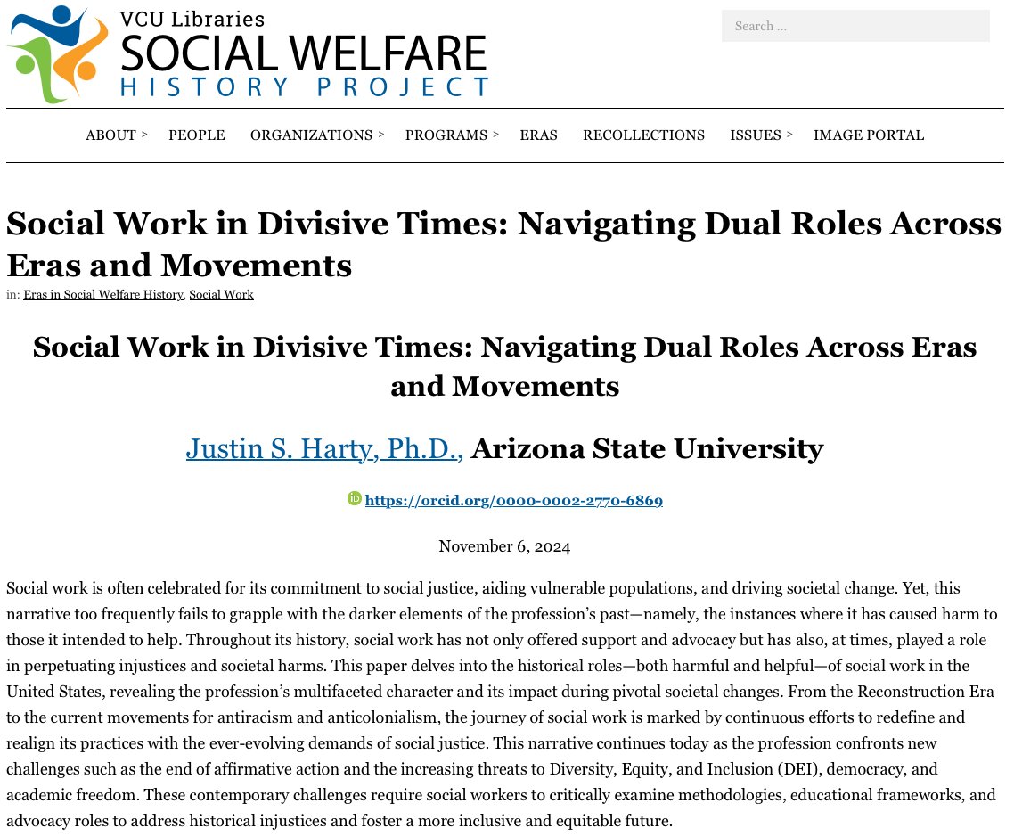 Excited to share my new article on the VCU Libraries Social Welfare History Project: “Social Work in Divisive Times: Navigating Dual Roles Across Eras and Movements.” In these challenging times, understanding our history is crucial to improving our future. Supported by a VCU