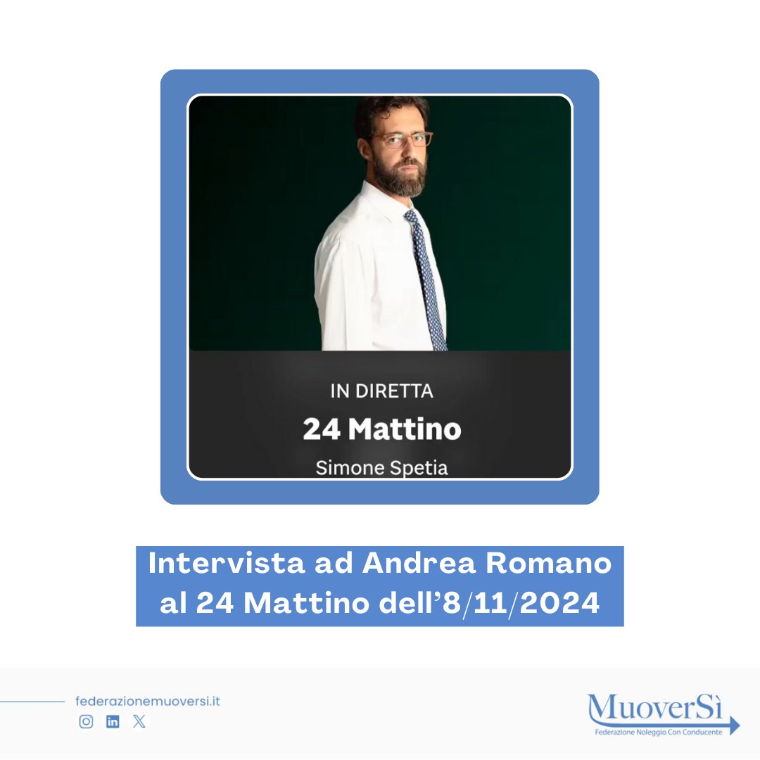 FMuoverSi's tweet photo. Stamattina siamo stati ospiti di @24Mattino e abbiamo parlato con @simonespetia della situazione che gli operatori NCC italiani stanno attualmente vivendo (e soffrendo) a causa del discusso decreto salviniano di ottobre.

Per ascoltare l'intervista: https://t.co/8cNX4doEKo https://t.co/cBiuaD65IA