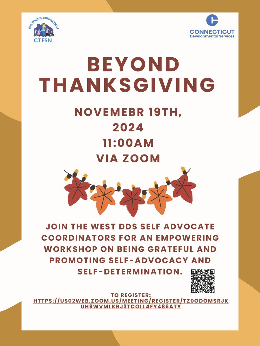 Join the DDS West Region Self Advocate coordinators for their “Beyond Thanksgiving” workshop!

us02web.zoom.us/meeting/regist…