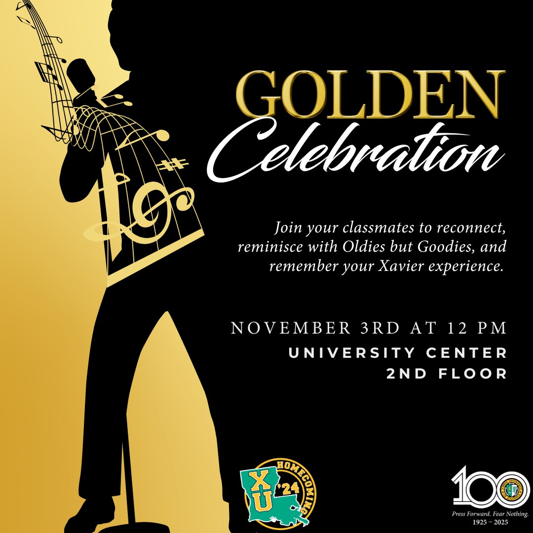 XULAalumni's tweet photo. Golden memories are the best kind! 🌟 Join us for a celebration of our Golden Alumni, filled with nostalgia, music, and reconnecting with friends.✨
#XULA1925 #XULAAlumni #XavierProud #XUHC24 #RoadTo25 #HBCU https://t.co/PvuYOxpBlN