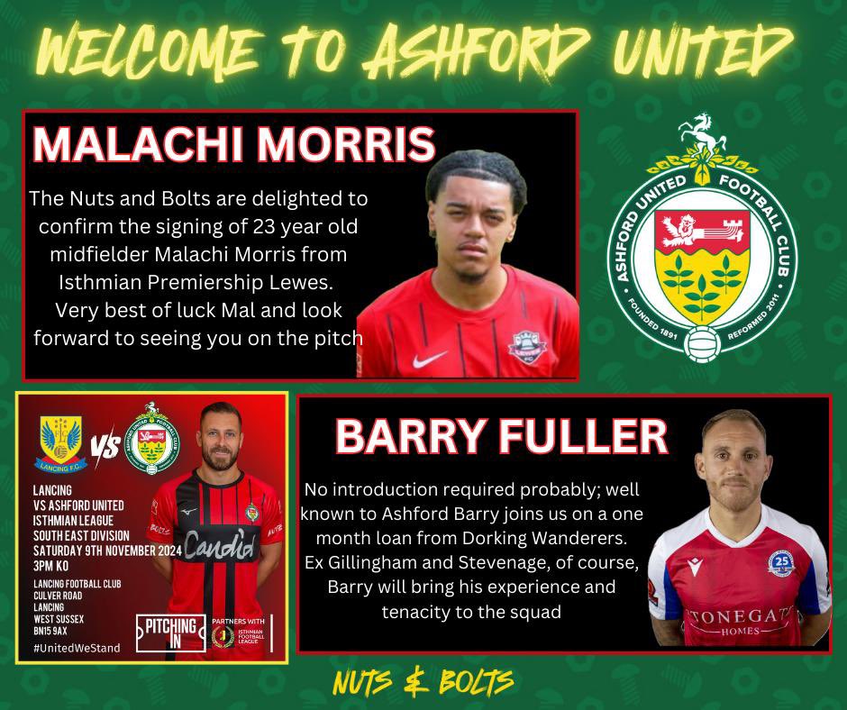 Welcome to Ashford 👋

Malachi Morris and Barry Fuller join the Nuts &amp; Bolts 🔩🟢⚪️

#aufc #coynab