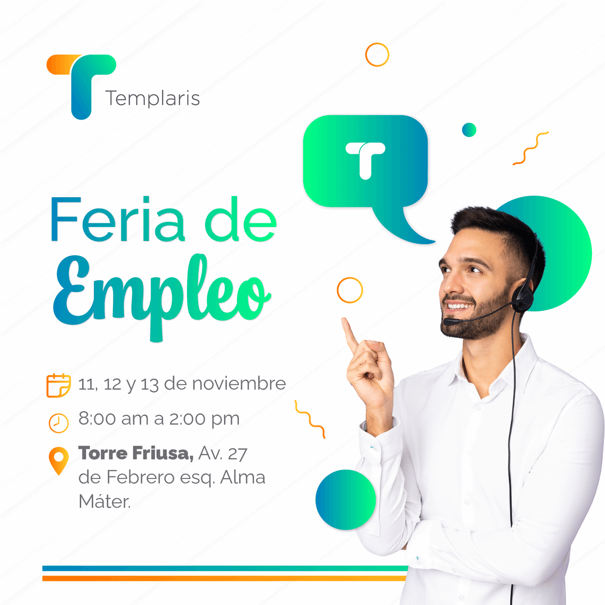 Templarisrd's tweet photo. Te queremos a ti. Ven a nuestra "Feria de Empleo" desde este lunes 11 al miércoles 13 de noviembre en la Torre Friusa.

¡No faltes!

Recuerda venir con tu cédula a mano y CV. #Templaris #Empleo #feriadeempleo https://t.co/y22HvyILvd