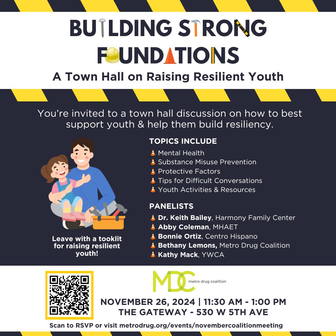 Join us November 26th for a town hall on raising resilient youth. We've assembled a panel of experts to discuss mental health, prevention, and having difficult conversations with kids. 

You'll also leave a with a toolkit of resources! 

RSVP at metrodrug.org/events/novembe….