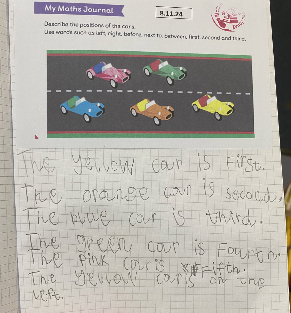 OurLadyMuswell's tweet photo. Year 1 have been learning about positional language in maths this week. Today they shared what they have learnt in their maths journals. ๐๐ #MathsNoProblem https://t.co/smhSQkR77W