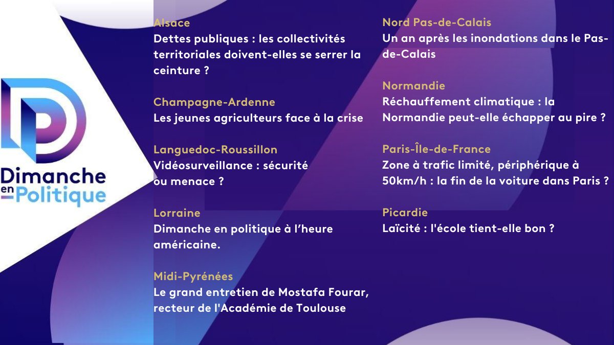 ⏰ RDV avec la politique de votre région !
Dimanche à 11h10, les <a href="/DimPolitique/">DimancheEnPolitique</a> régionales sont en simultané sur <a href="/F3Regions/">France 3 Régions</a> 

👉🏾Ecologie
 <a href="/f3normandie/">France 3 Normandie</a> <a href="/F3nord/">France 3 Nord Pas-de-Calais</a> <a href="/France3Paris/">France 3 Paris/Ile-de-France</a>

👉🏾Agriculture
<a href="/France3CA/">France 3 Champagne-Ardenne</a> 

👉🏾Elections 🇺🇸 vues depuis <a href="/F3Lorraine/">France 3 Lorraine</a> 

➕d'info ▶️bit.ly/3NYASIf